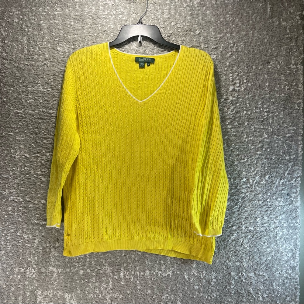 Lauren Ralph Lauren Yellow V-Neck Cable Knit Sweater Pullover 100% Cotton XL